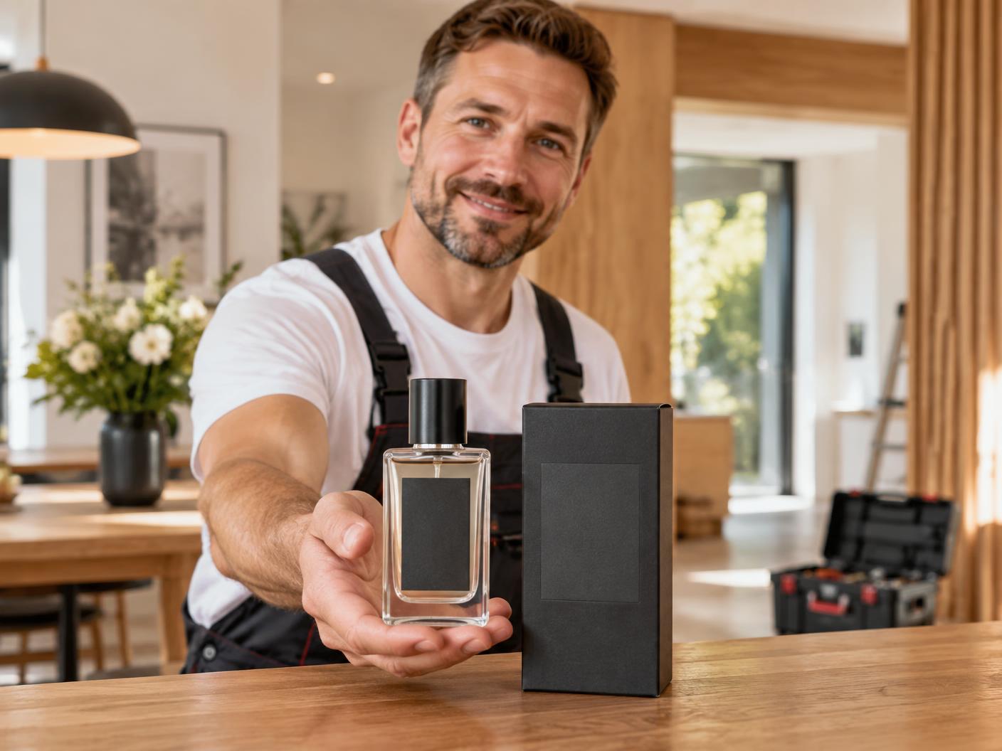 Handwerker überreicht ein Parfum in einem hellen Wohnraum
