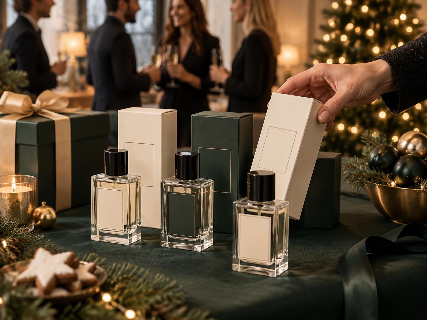 Gedeckter Tisch mit Parfumflakons und Faltschachteln als Weihnachtsgeschenke